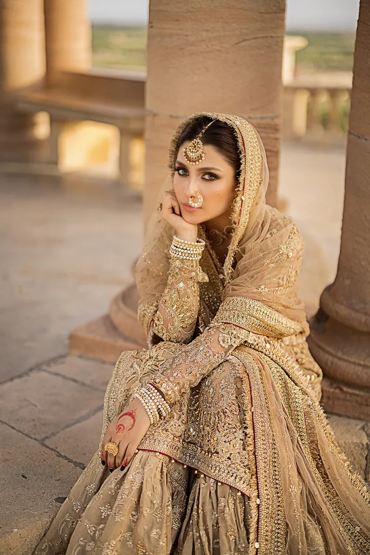 Golden Pakistani Bridal Dress in Gharara Kameez Style