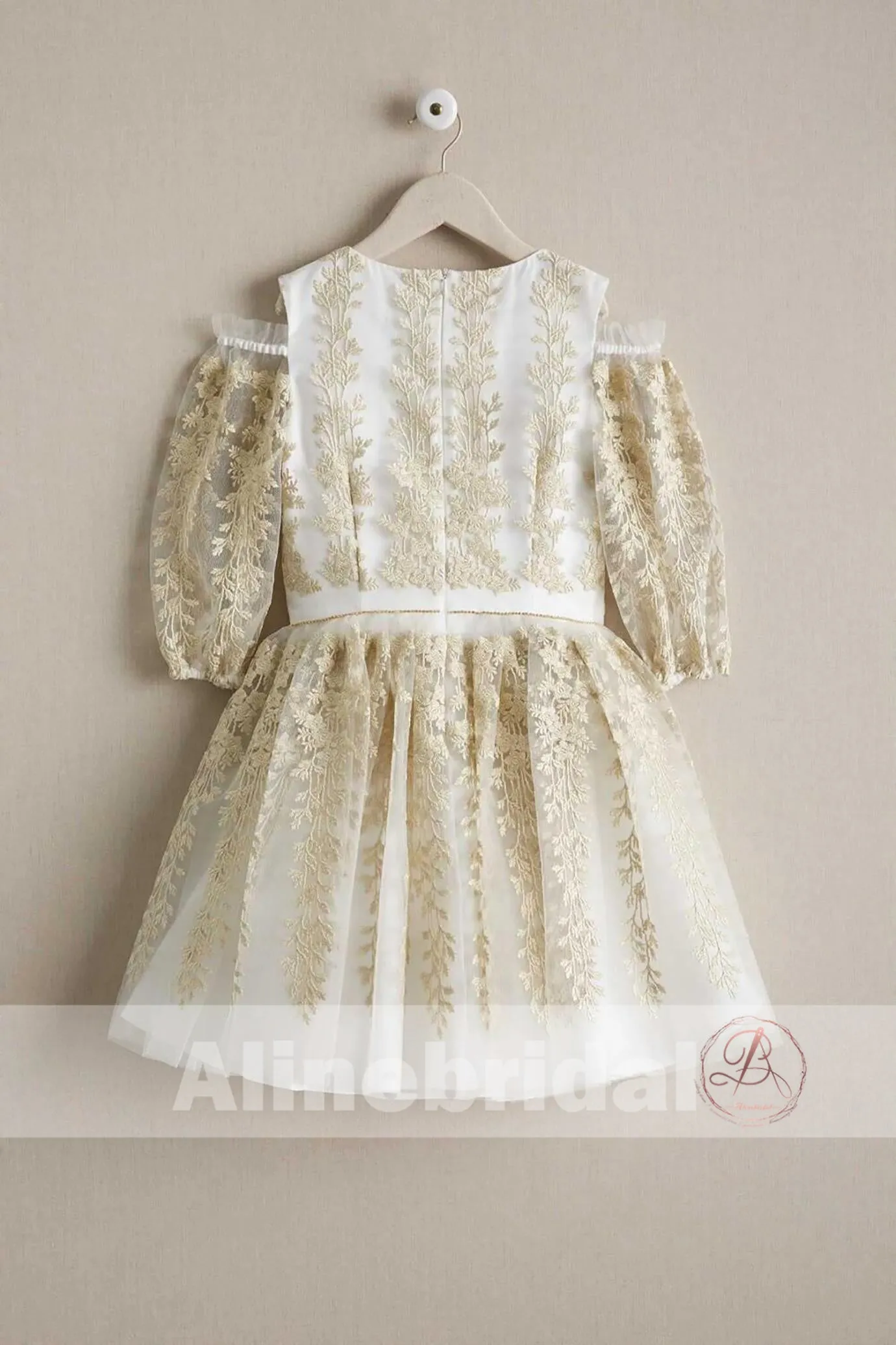Gorgeous Gold Lace Organza Half Sleeve Cute Flower Girl Dresses, FGS087