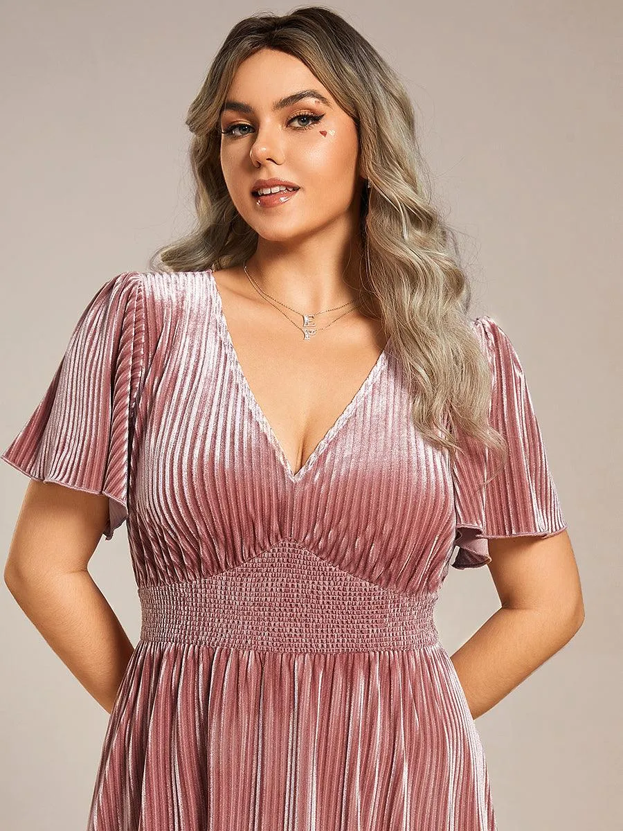 Grande taille Robe d'invité de mariage mi-longue en velours d'automne à manches courtes et col en V gracieux
