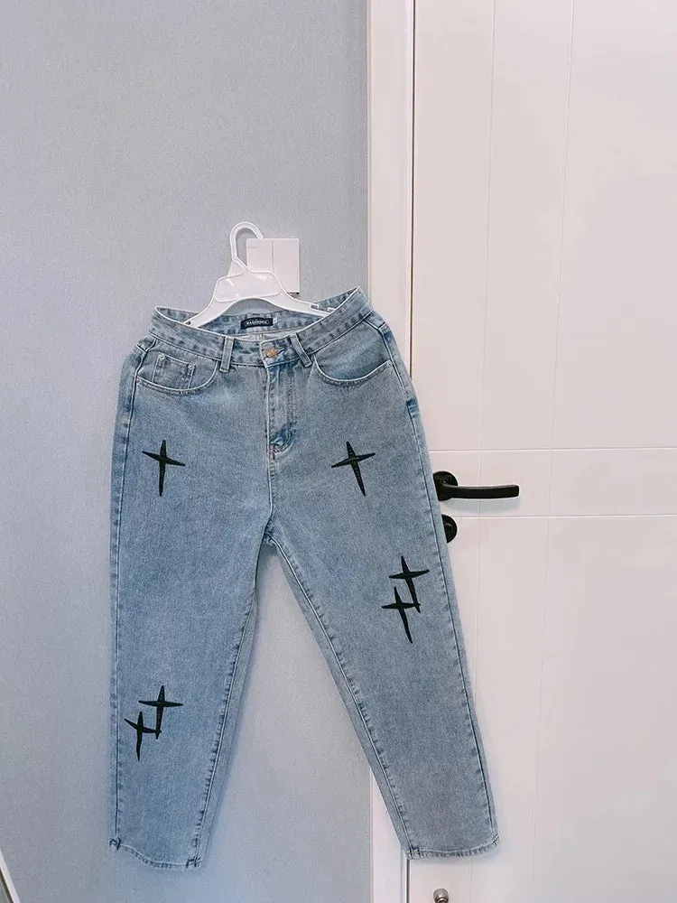 Graphic Washed Denim Blue Jeans with Star/Cross Design - Loose Fit Wide Leg