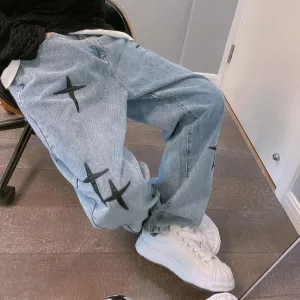 Graphic Washed Denim Blue Jeans with Star/Cross Design - Loose Fit Wide Leg