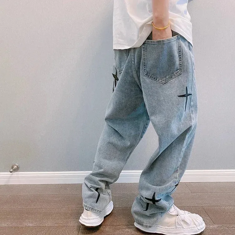 Graphic Washed Denim Blue Jeans with Star/Cross Design - Loose Fit Wide Leg