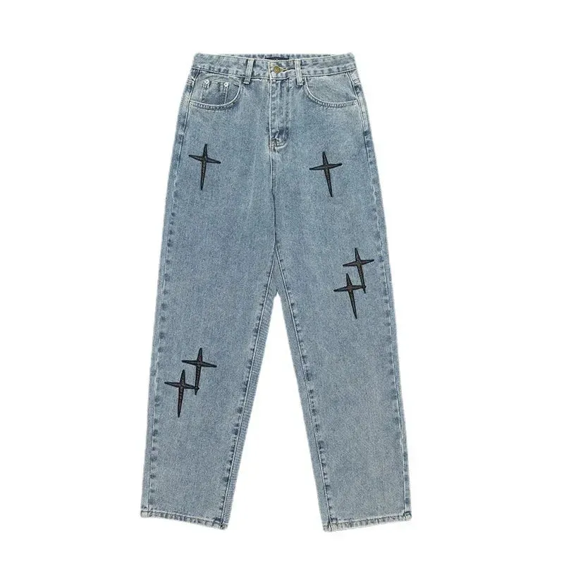 Graphic Washed Denim Blue Jeans with Star/Cross Design - Loose Fit Wide Leg
