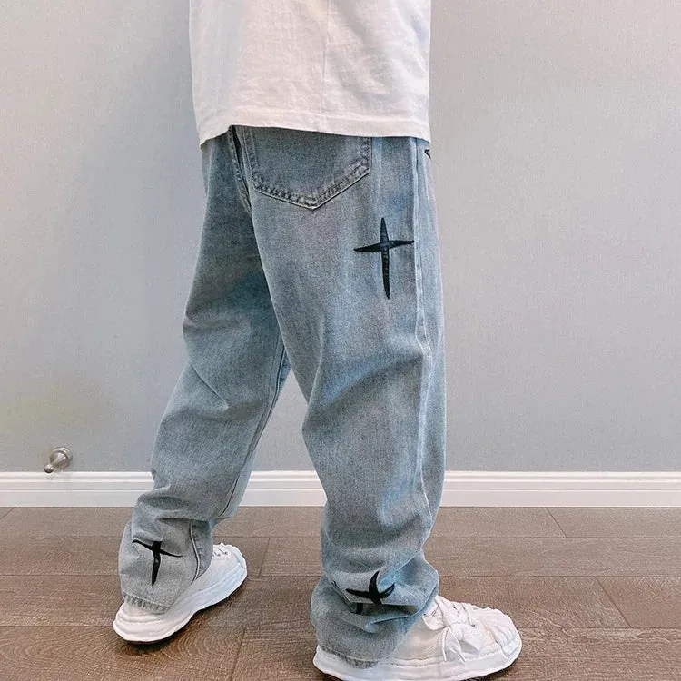Graphic Washed Denim Blue Jeans with Star/Cross Design - Loose Fit Wide Leg