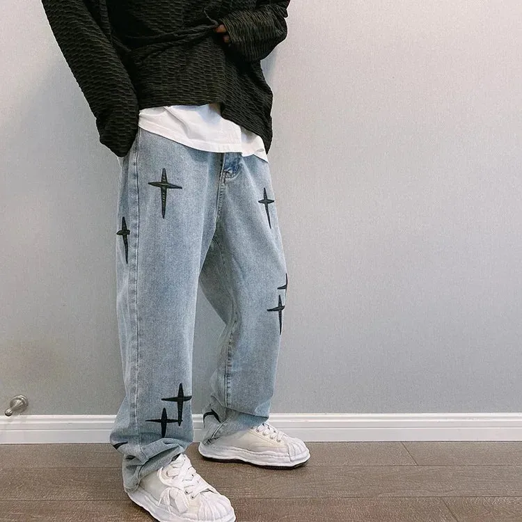 Graphic Washed Denim Blue Jeans with Star/Cross Design - Loose Fit Wide Leg