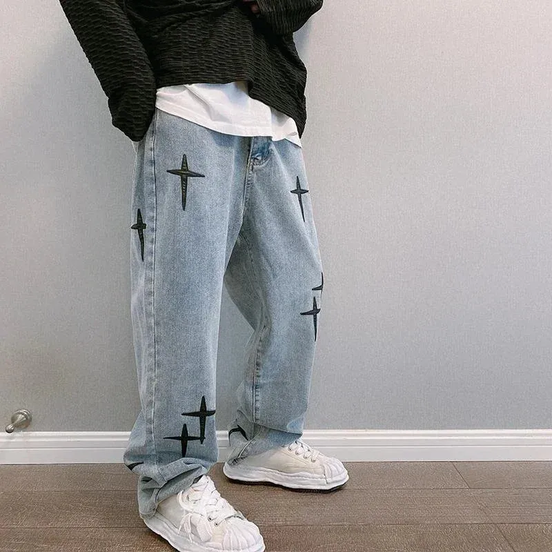 Graphic Washed Denim Blue Jeans with Star/Cross Design - Loose Fit Wide Leg