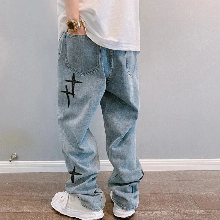 Graphic Washed Denim Blue Jeans with Star/Cross Design - Loose Fit Wide Leg