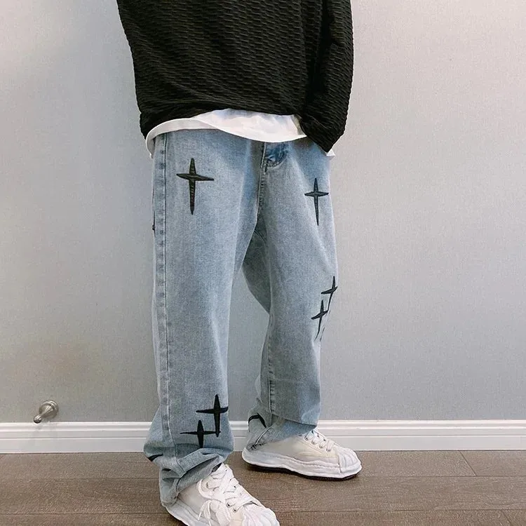 Graphic Washed Denim Blue Jeans with Star/Cross Design - Loose Fit Wide Leg