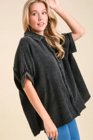 Gray Cotton Gauze Mineral Wash Button Down Shirt