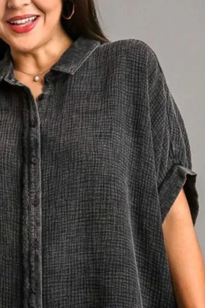 Gray Cotton Gauze Mineral Wash Button Down Shirt