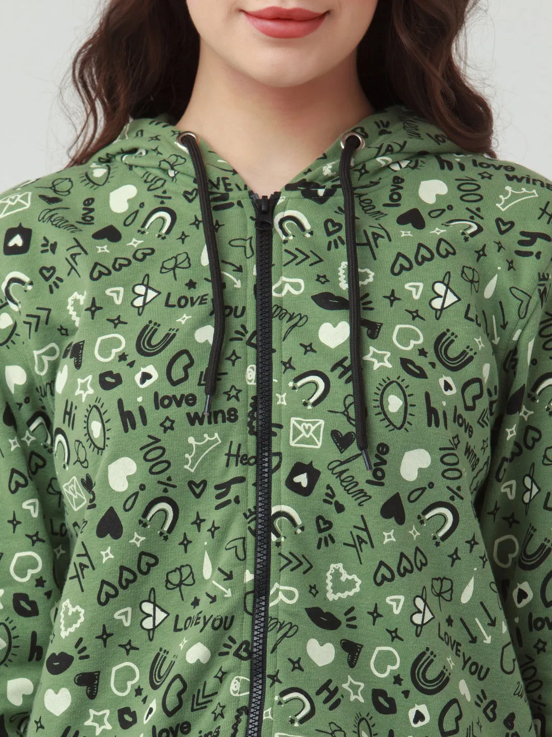 Green Printed Hoodie Sweatshirt