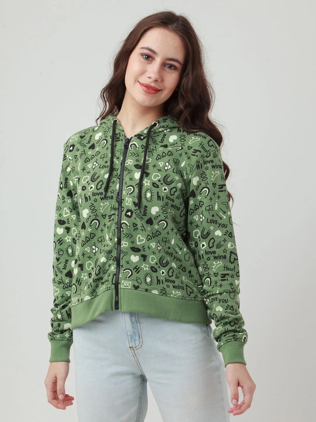 Green Printed Hoodie Sweatshirt
