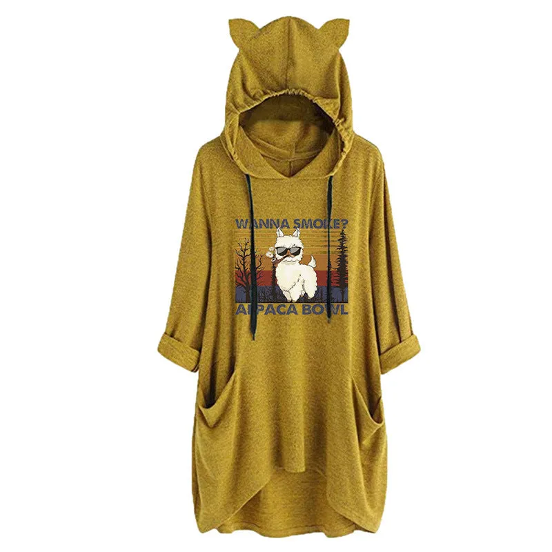 Half-Sleeve Cat Ears WANNA SMOKE Typographical Art Oversized Hooded Sweatshirt