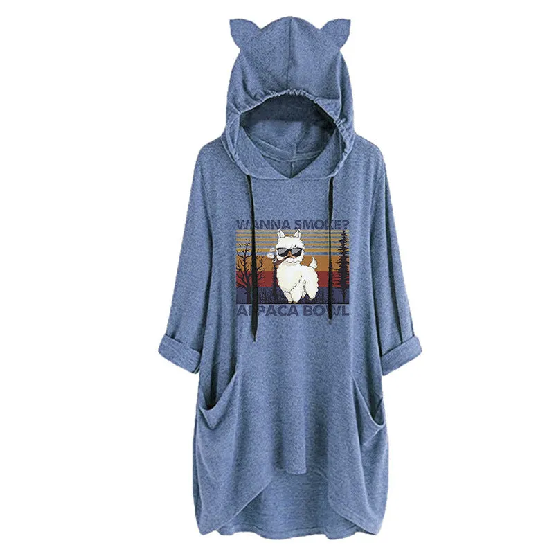Half-Sleeve Cat Ears WANNA SMOKE Typographical Art Oversized Hooded Sweatshirt