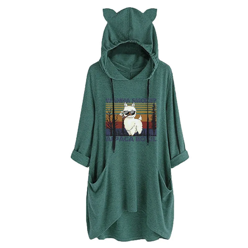 Half-Sleeve Cat Ears WANNA SMOKE Typographical Art Oversized Hooded Sweatshirt