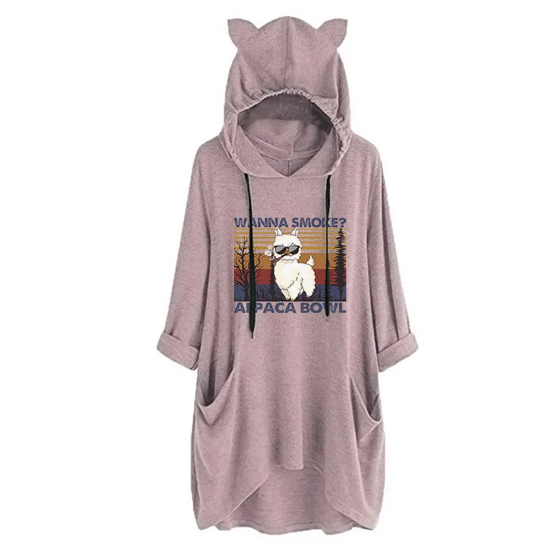 Half-Sleeve Cat Ears WANNA SMOKE Typographical Art Oversized Hooded Sweatshirt