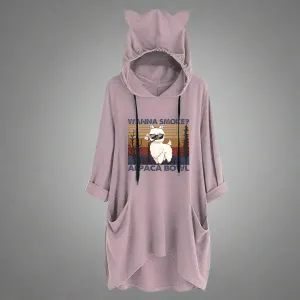 Half-Sleeve Cat Ears WANNA SMOKE Typographical Art Oversized Hooded Sweatshirt