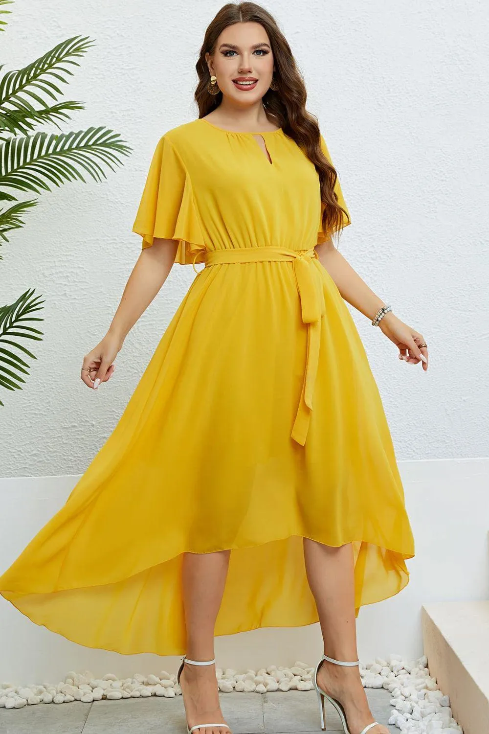 Hazel Blues® |  Belted Flutter Sleeve High-Low Dress