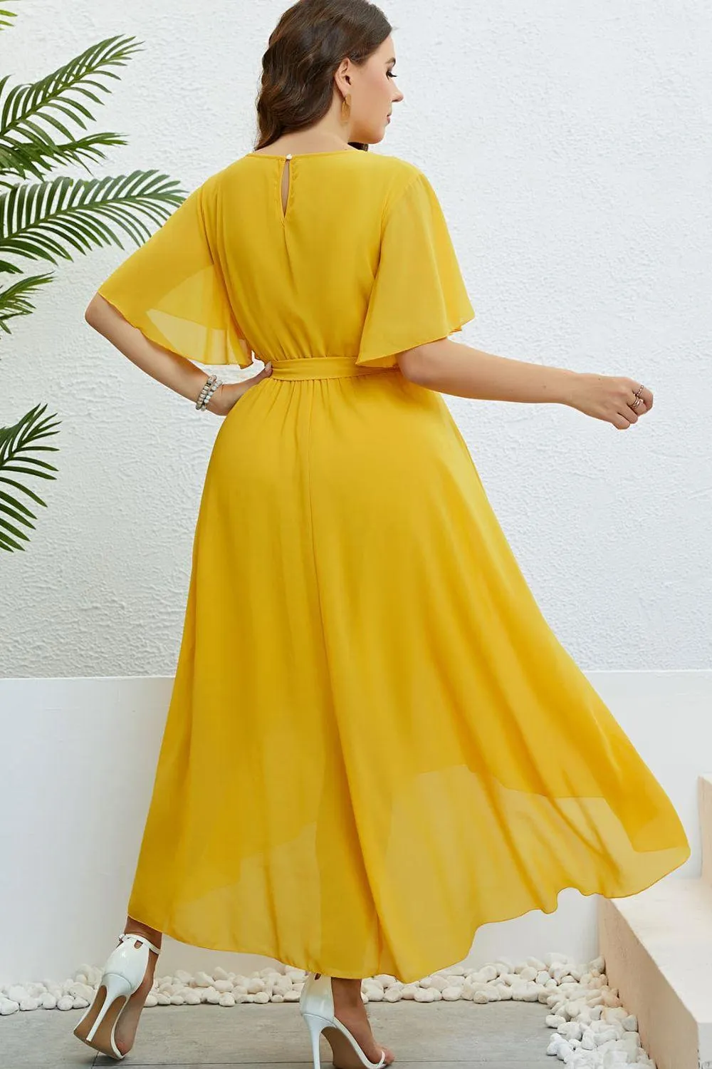 Hazel Blues® |  Belted Flutter Sleeve High-Low Dress