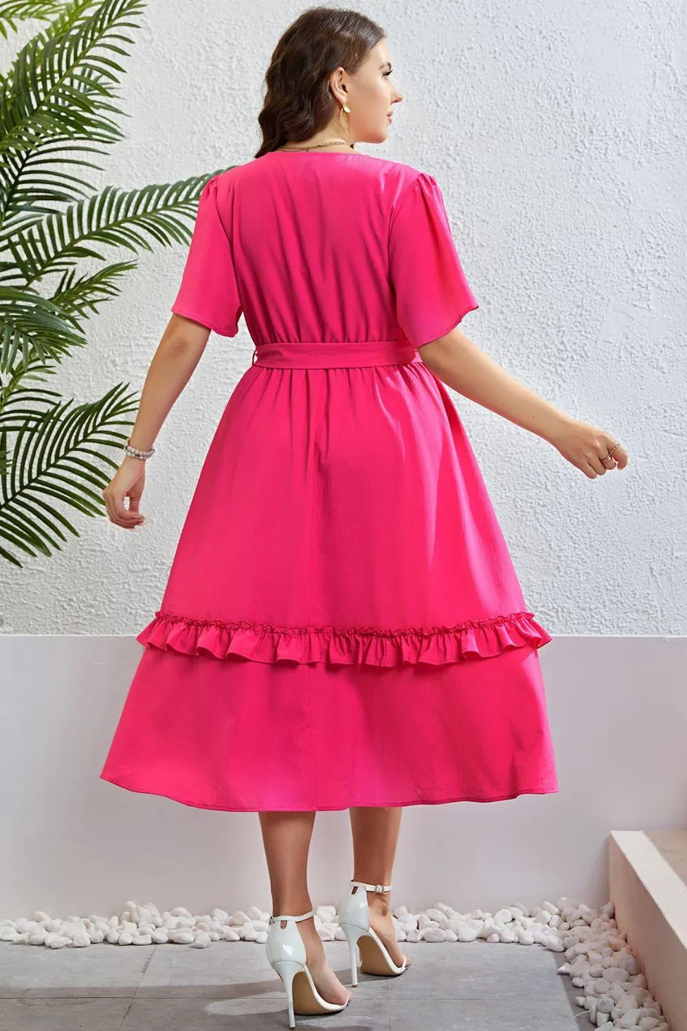 Hazel Blues® |  Belted Frill Trim Flutter Sleeve Dress