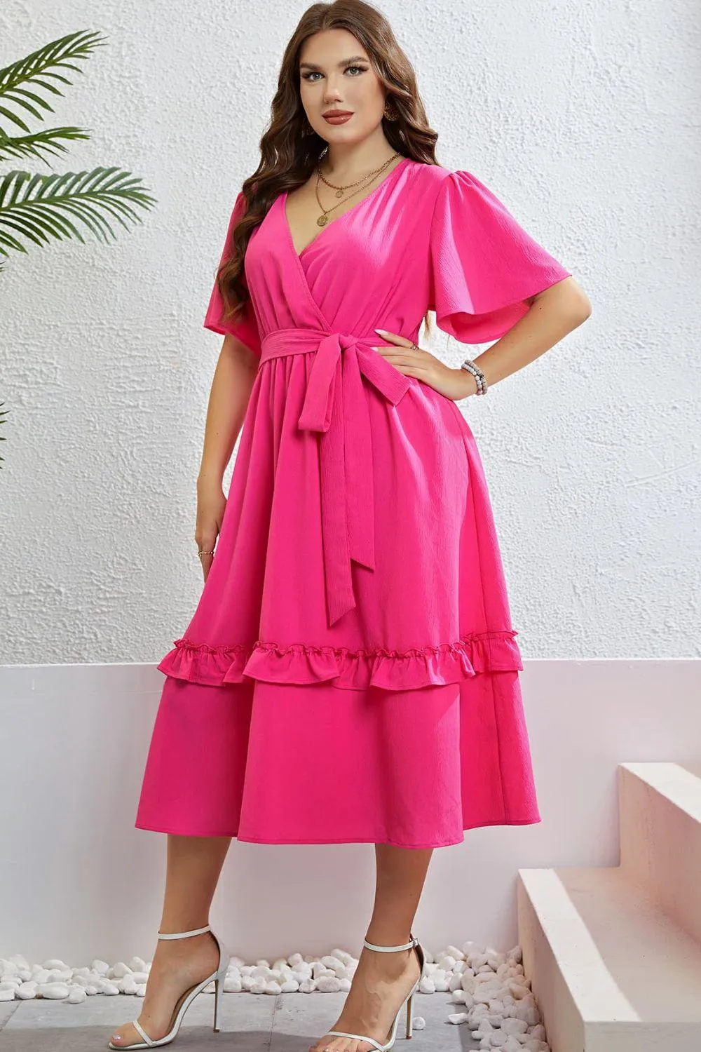 Hazel Blues® |  Belted Frill Trim Flutter Sleeve Dress
