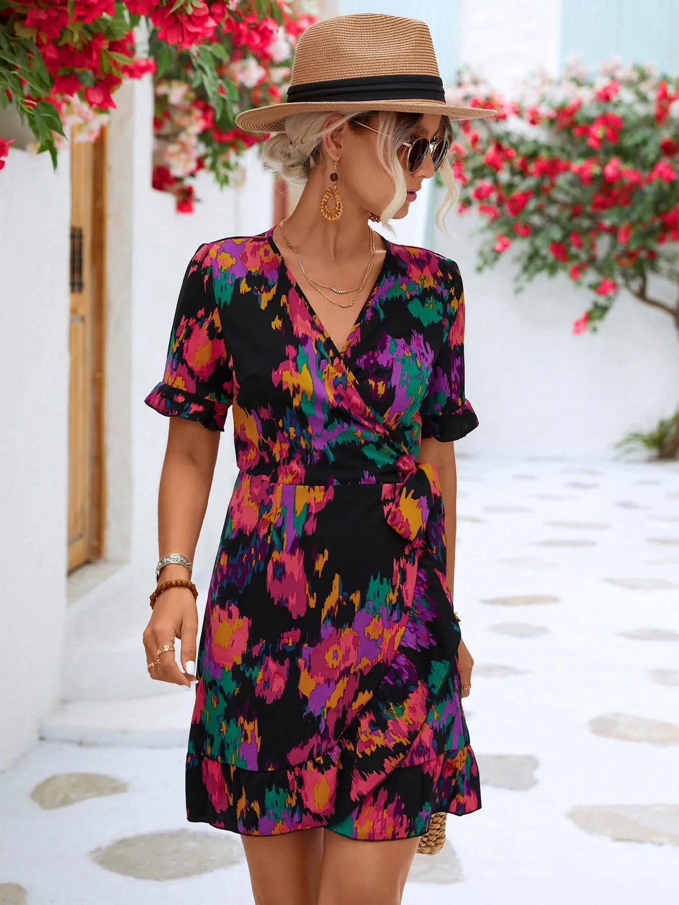 Hazel Blues® | Printed Flounce Sleeve Tied Dress