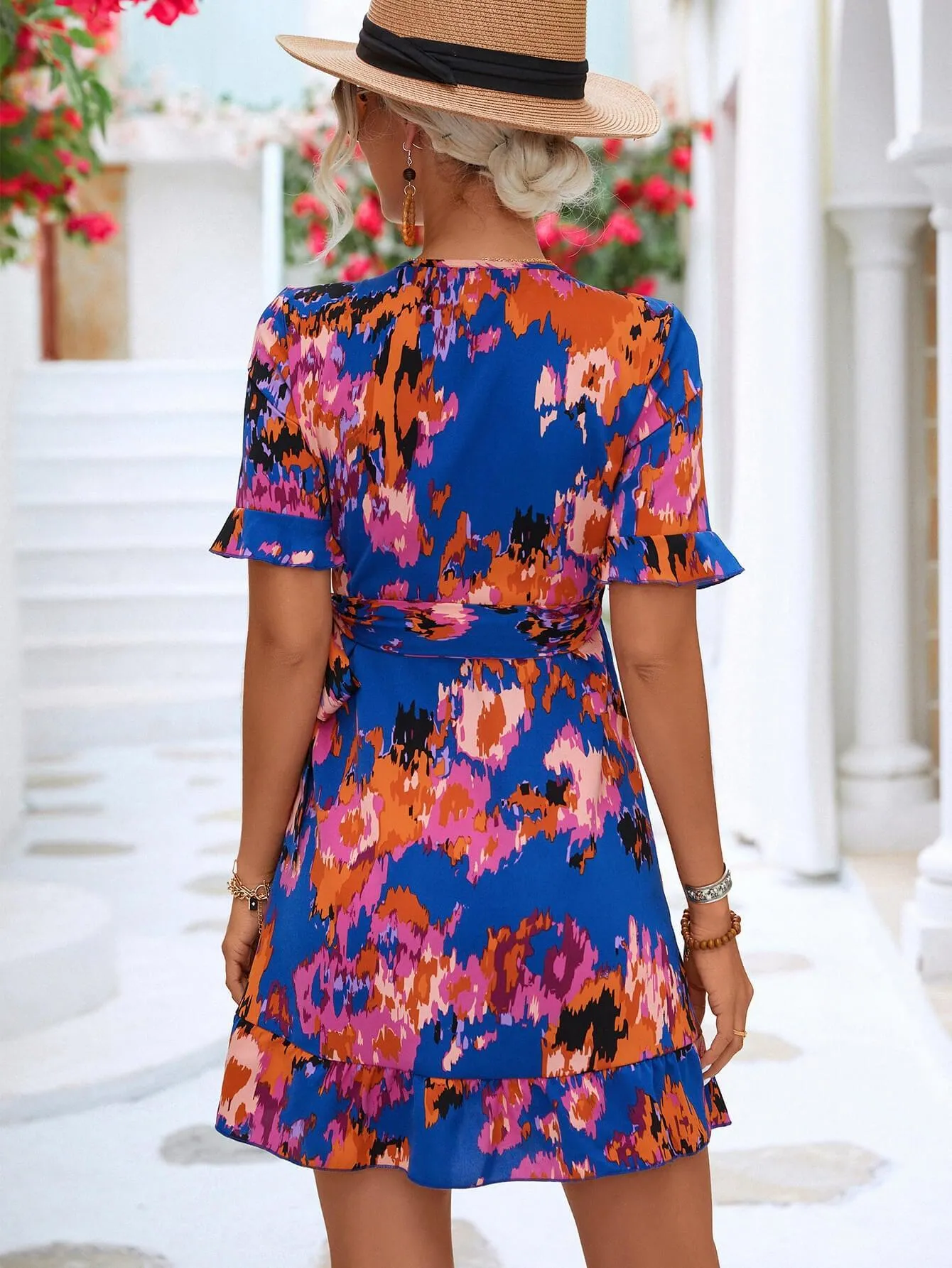 Hazel Blues® | Printed Flounce Sleeve Tied Dress