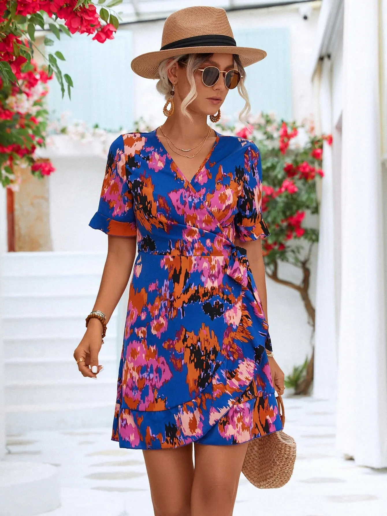 Hazel Blues® | Printed Flounce Sleeve Tied Dress