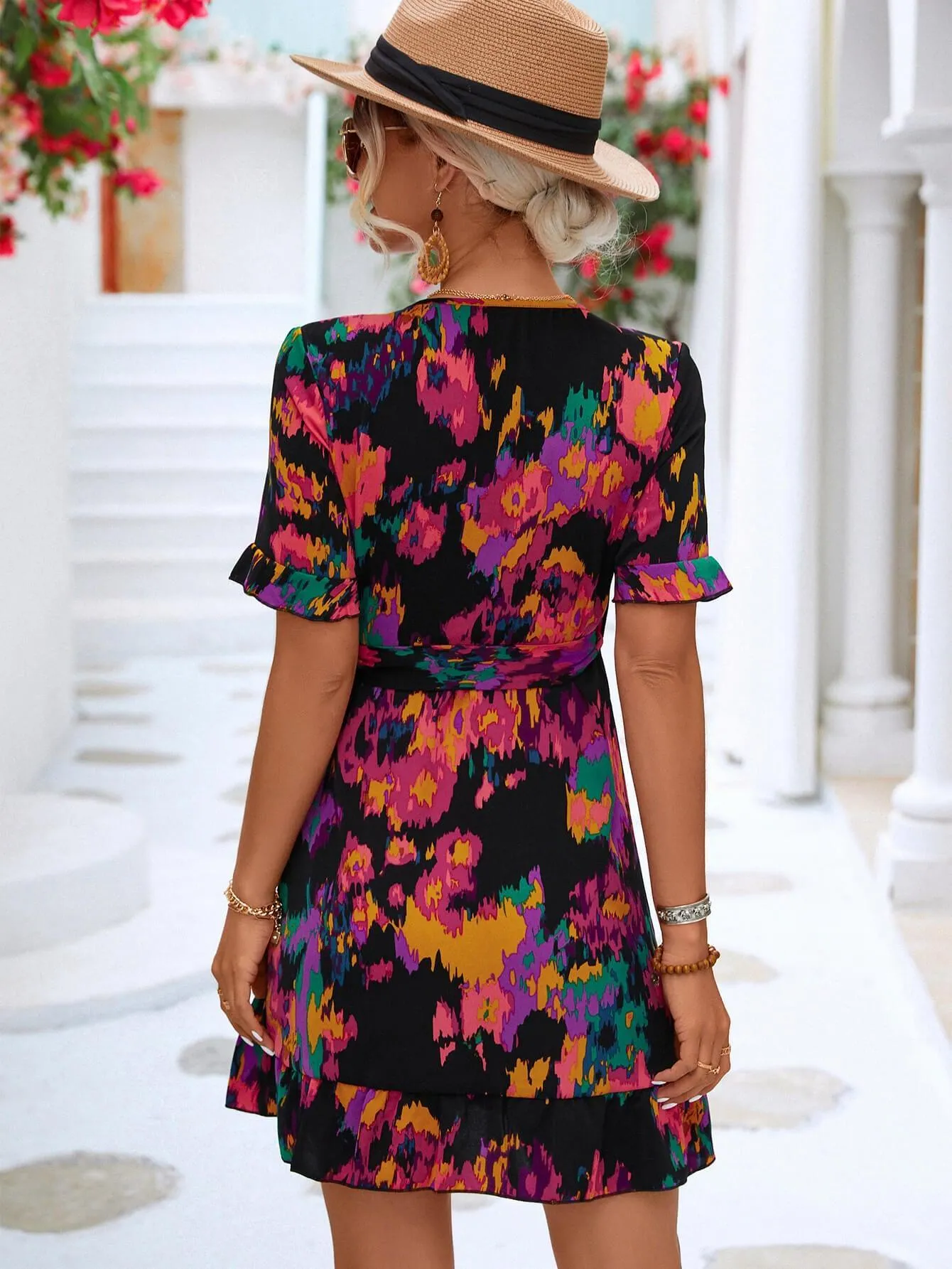 Hazel Blues® | Printed Flounce Sleeve Tied Dress