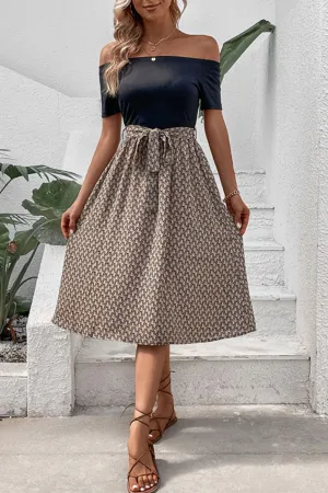 Hazel Blues® |  Printed Tie Belt Off-Shoulder Dress
