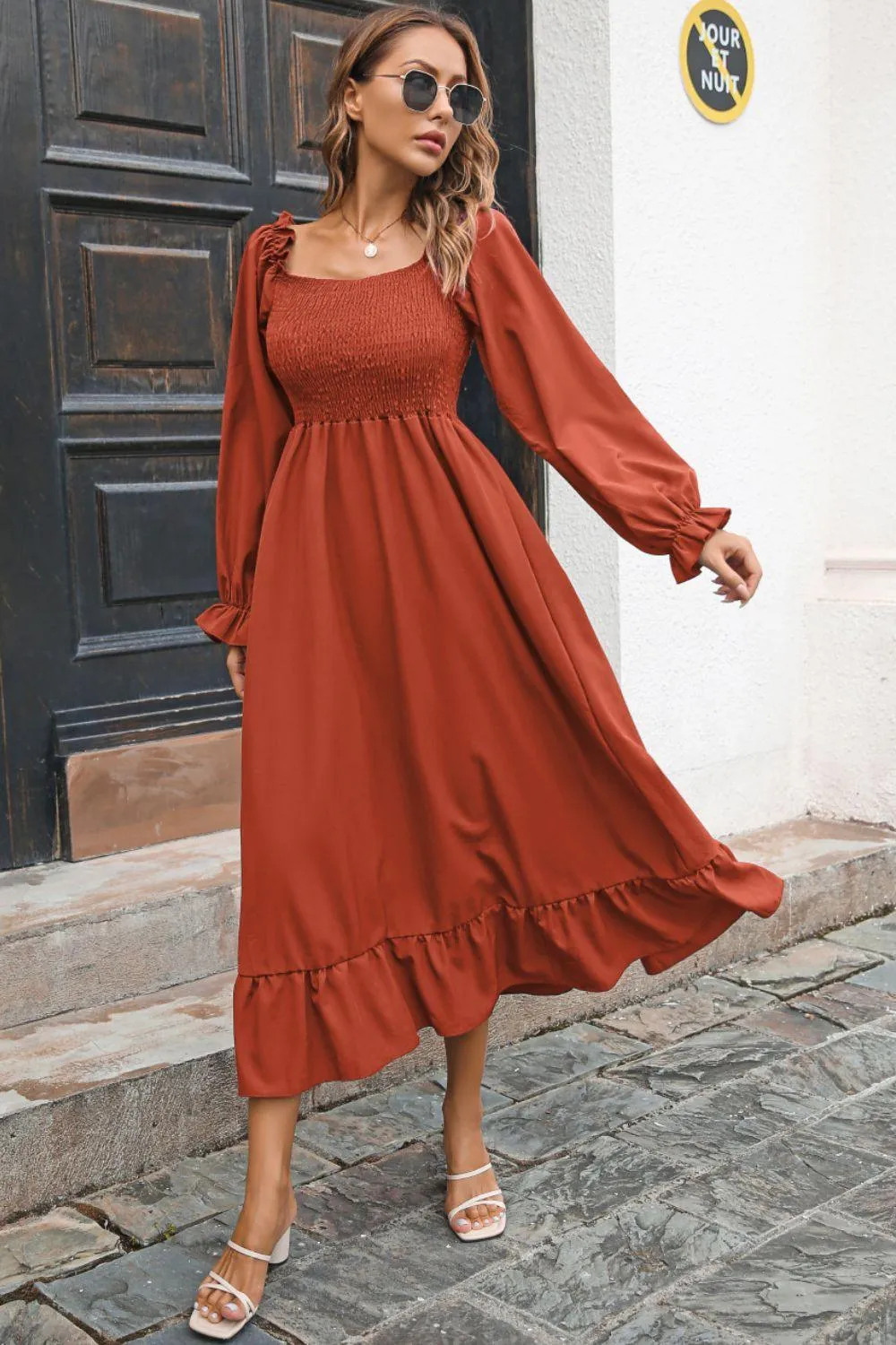 Hazel Blues® | Smocked Ruffle Hem Flounce Sleeve Dress