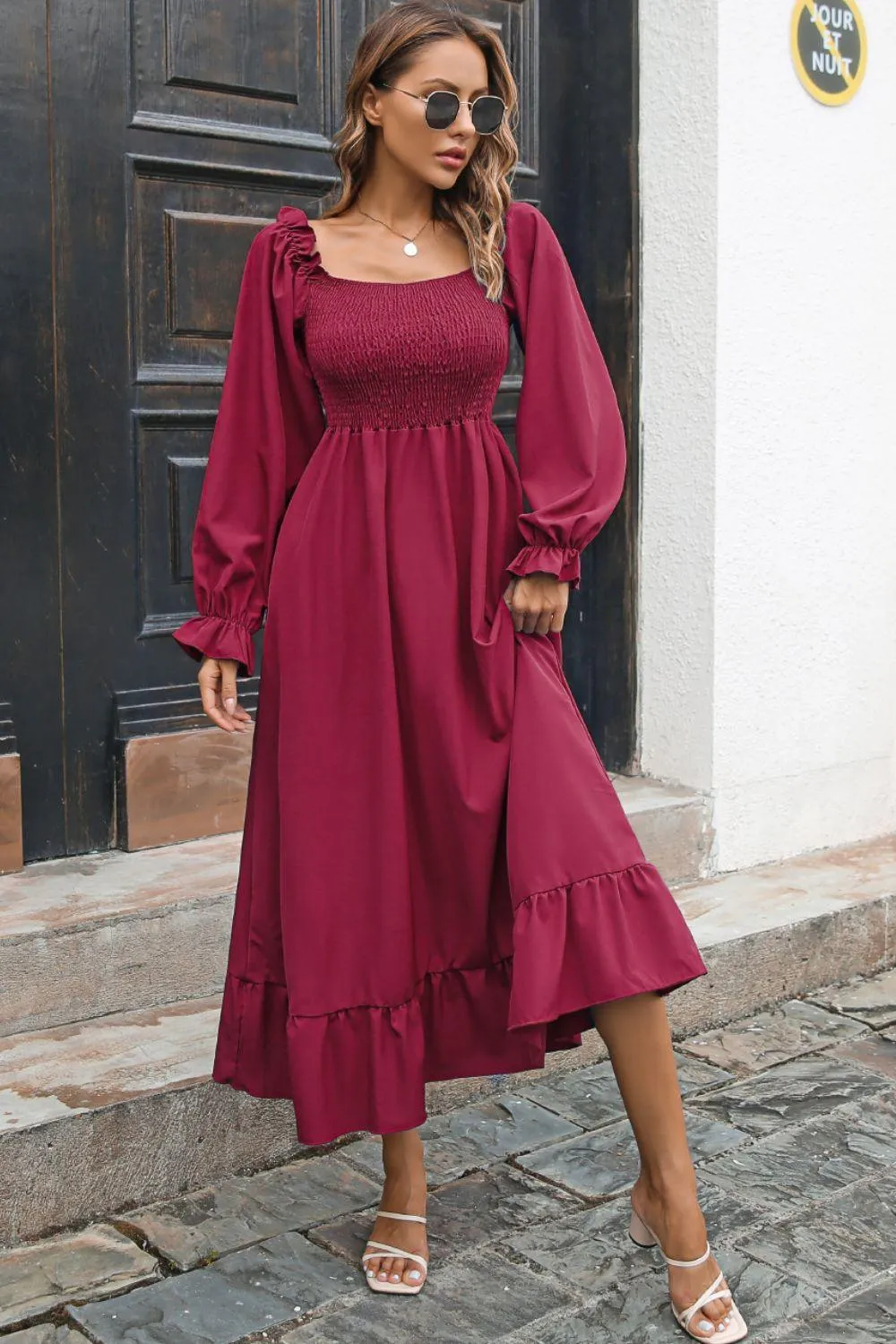 Hazel Blues® | Smocked Ruffle Hem Flounce Sleeve Dress