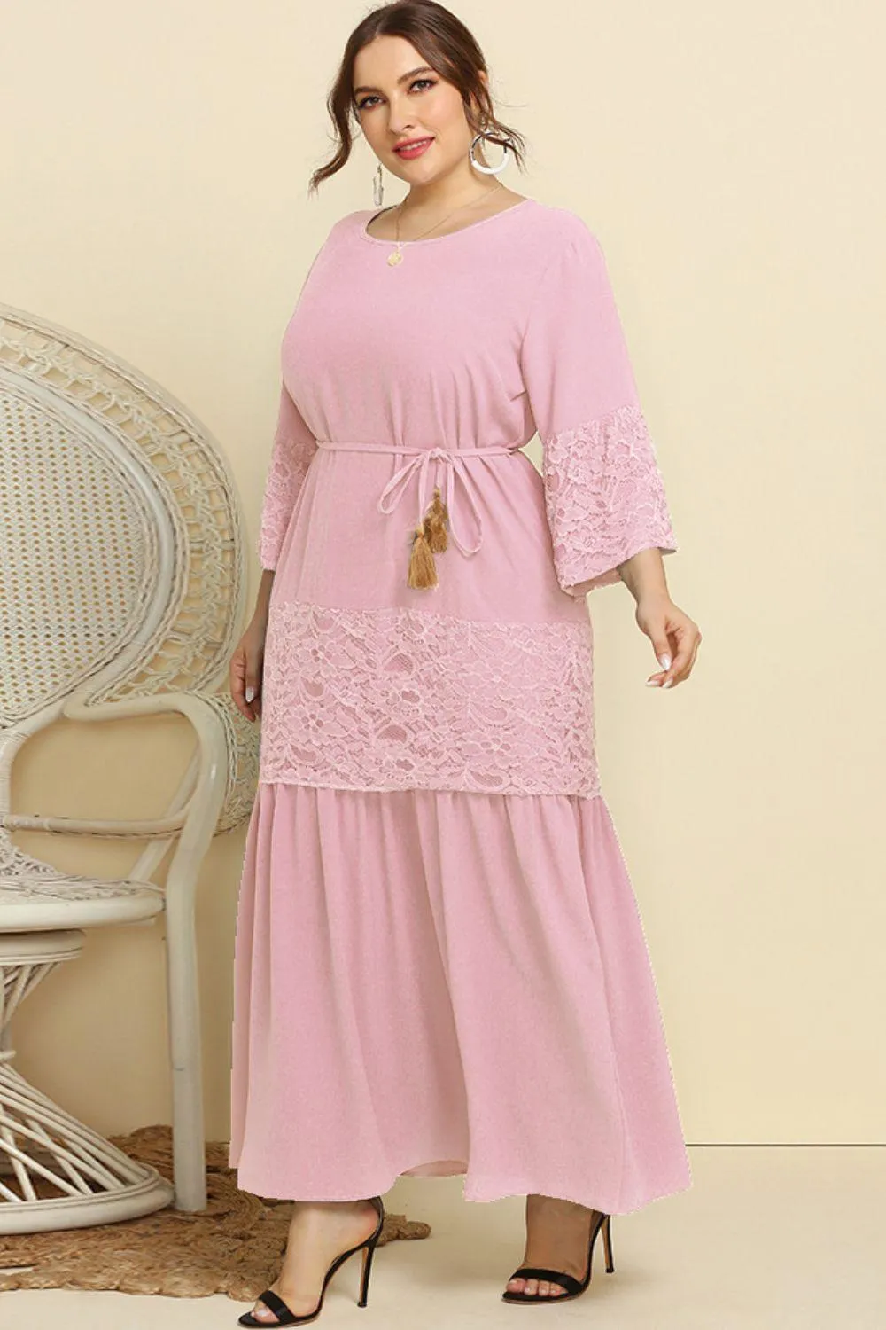 Hazel Blues® | Spliced Lace Tassel Belted Dress
