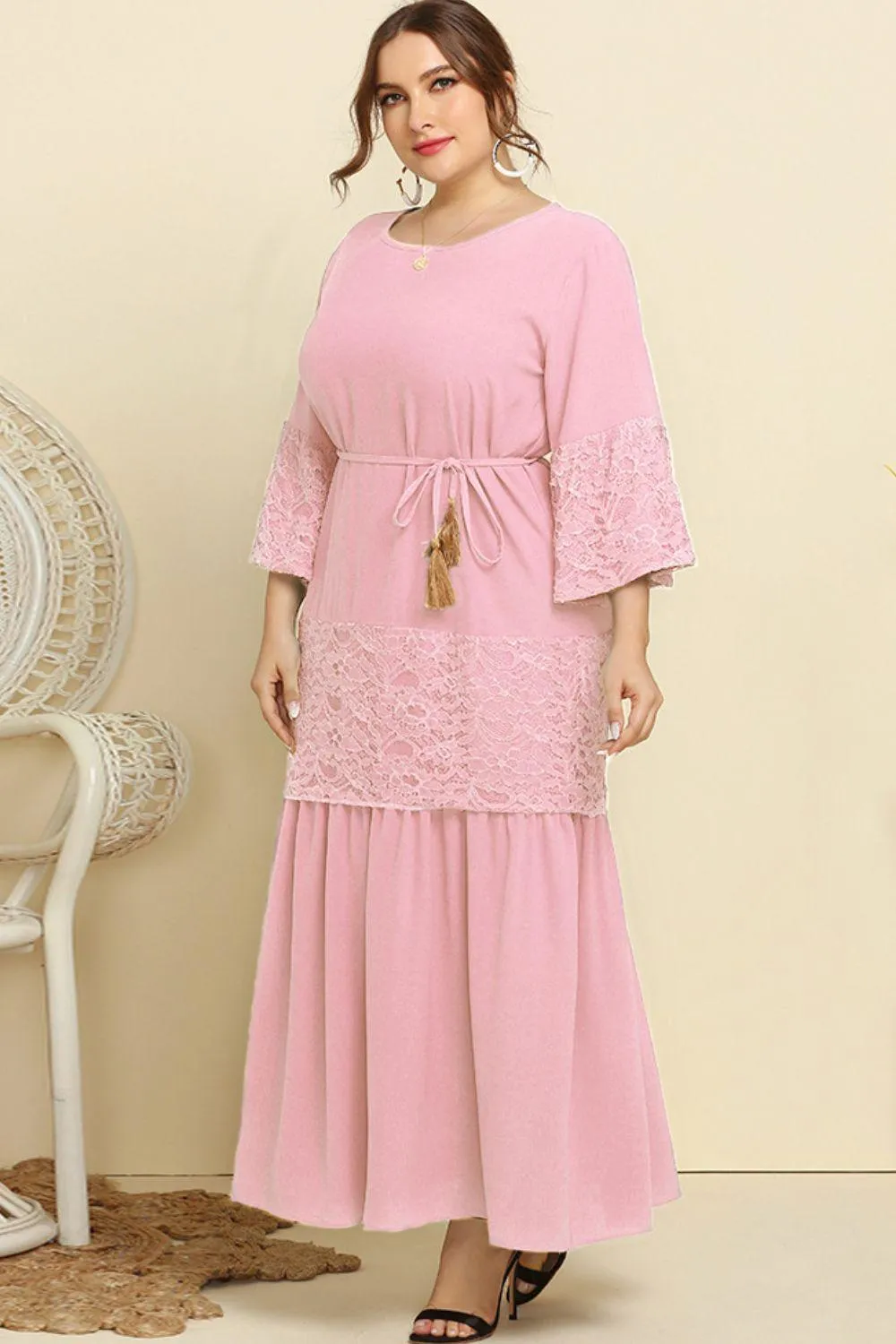 Hazel Blues® | Spliced Lace Tassel Belted Dress