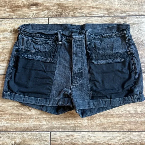 Helmut Lang High Rise Denim Shorts Sz 31 Rolled Boyfriend Short Black Vain RARE