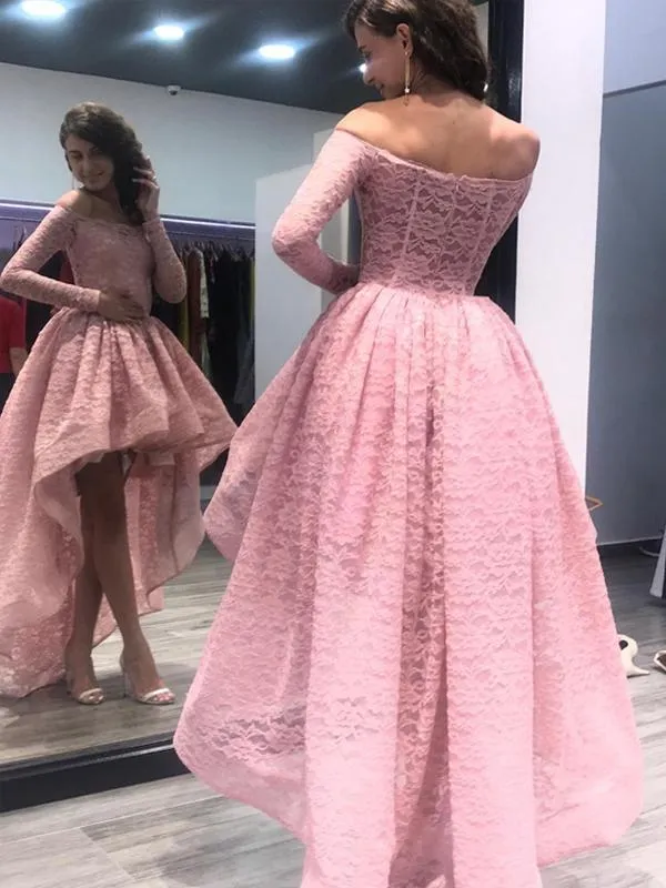 Hi-low Off Shoulder Long Sleeve Lace Prom Dresses, Newest Cheap Prom Dresses, BG0352