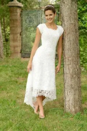 High Low U Neck Cap Sleeves Modest Elegant Lace Wedding Dress-715362