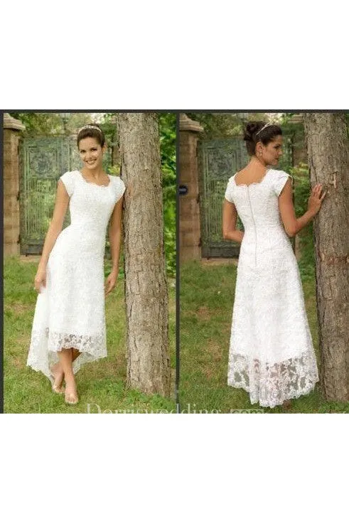 High Low U Neck Cap Sleeves Modest Elegant Lace Wedding Dress-715362