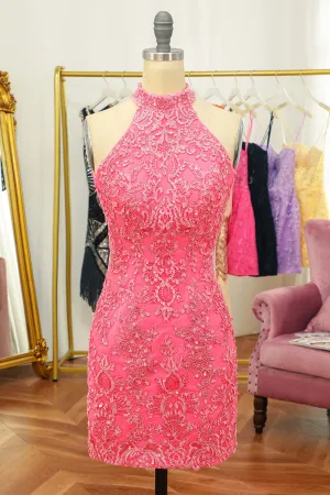 High Neck Hot Pink Lace Appliques Bodycon Mini Party Dress