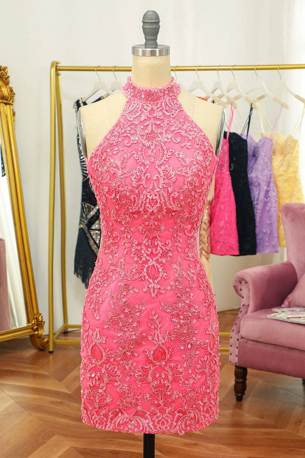 High Neck Hot Pink Lace Appliques Bodycon Mini Party Dress