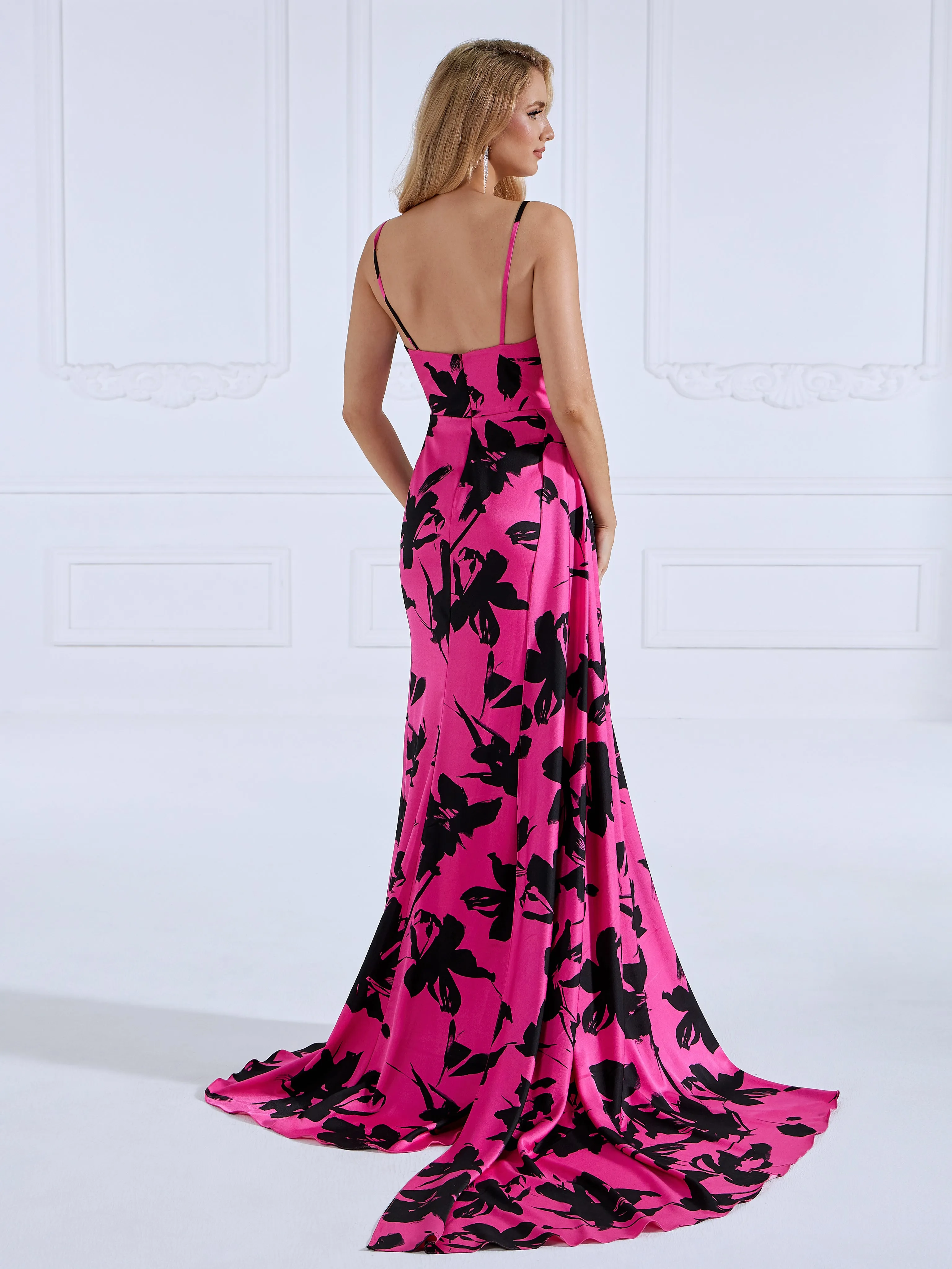 High Slit Floral Crepe Hot Pink Prom Dress Mermaid Dress #18453