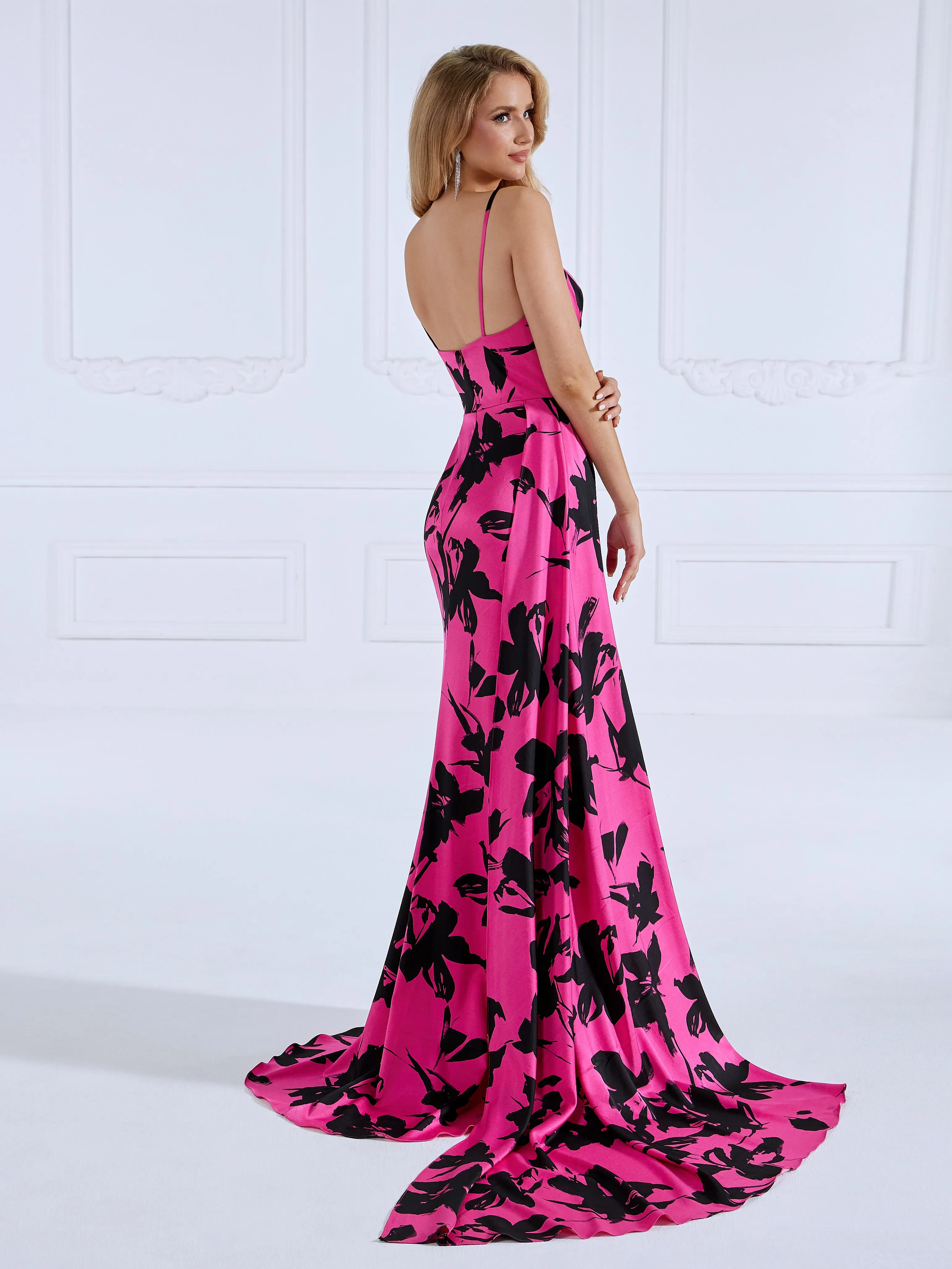 High Slit Floral Crepe Hot Pink Prom Dress Mermaid Dress #18453