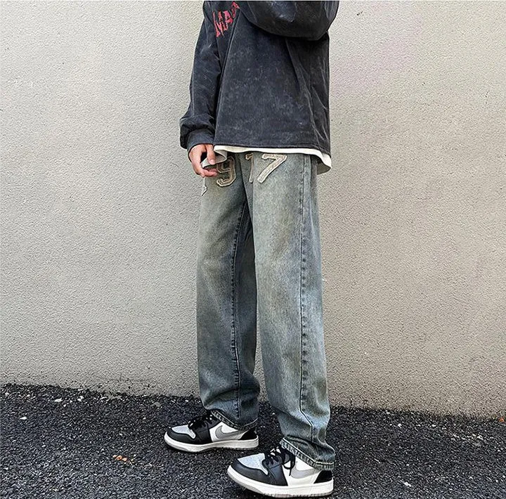 High-Street Style Loose Fit Embroidered Jeans