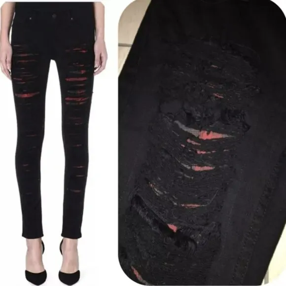 HUDSON Melissa Midrise Skinny Jeans Sz 31 Distressed Destroyed Black/Red Plaid