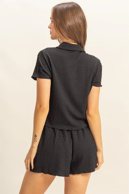 HYFVE Textured Short Sleeve Top and Drawstring Shorts Knit Set