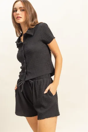HYFVE Textured Short Sleeve Top and Drawstring Shorts Knit Set