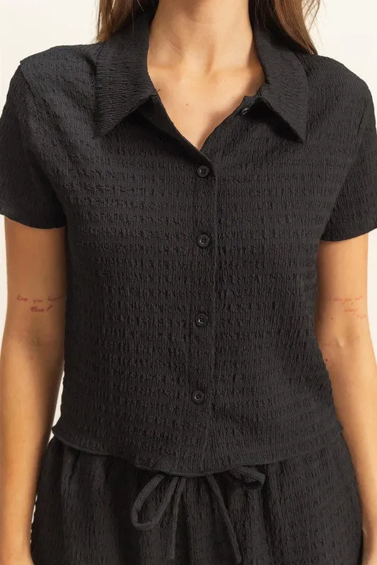 HYFVE Textured Short Sleeve Top and Drawstring Shorts Knit Set