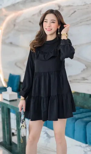 IMOGEN Bib-Collar Long-Sleeve Tiered Dress (Black)