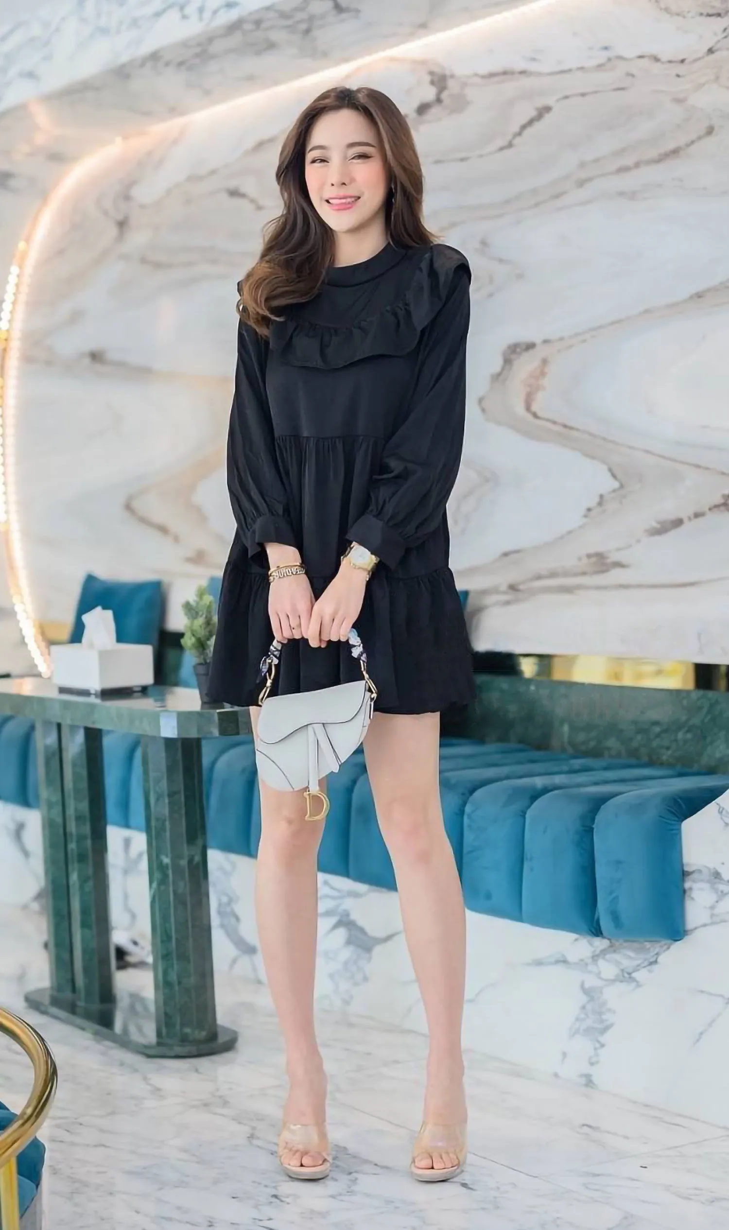 IMOGEN Bib-Collar Long-Sleeve Tiered Dress (Black)