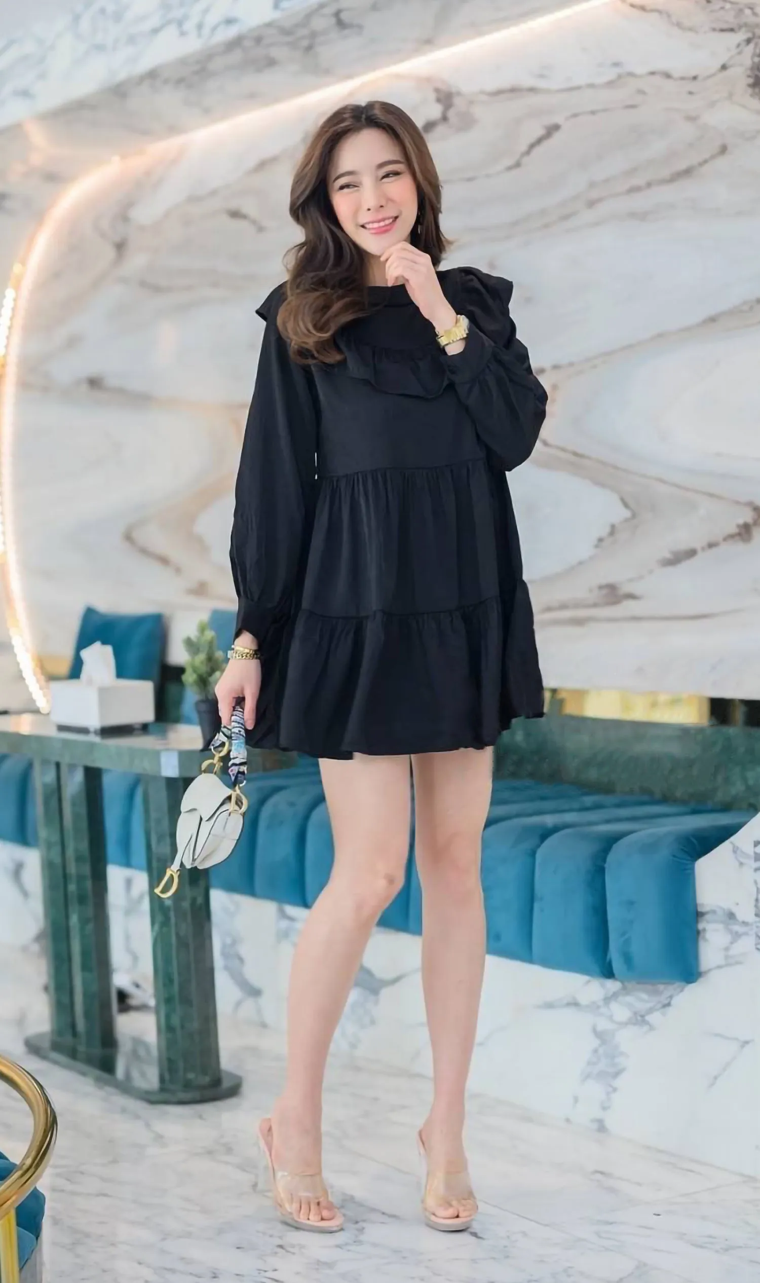 IMOGEN Bib-Collar Long-Sleeve Tiered Dress (Black)